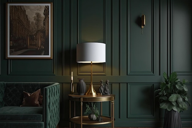 Decoración verde oscuro con mesa de café y lámpara colgante de cobre en panel de pared clásico Modelo de habitación