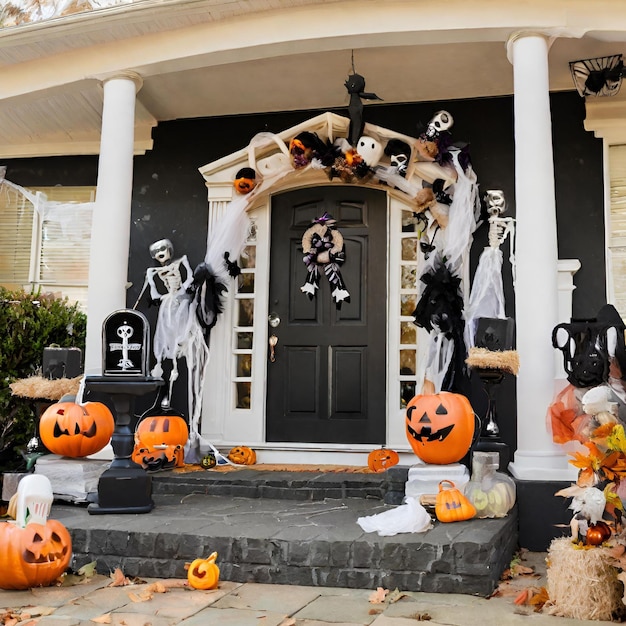 Foto decoraciones al aire libre de la casa de halloween con esqueletos de calabazas y lápidas