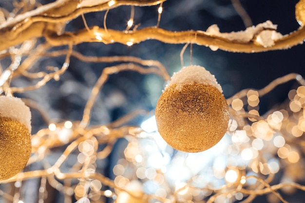 Decoraciones al aire libre para el invierno con ramas de árboles, bulbos y guirnaldas brillantes