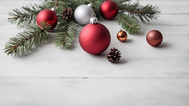 Decoraciones de árboles de Navidad y cajas de regalos en mesa de madera con espacio para copiar