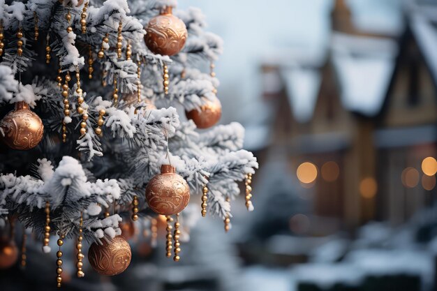 Foto decoraciones de árboles de navidad con nieve en la calle fotografía con efecto bokeh