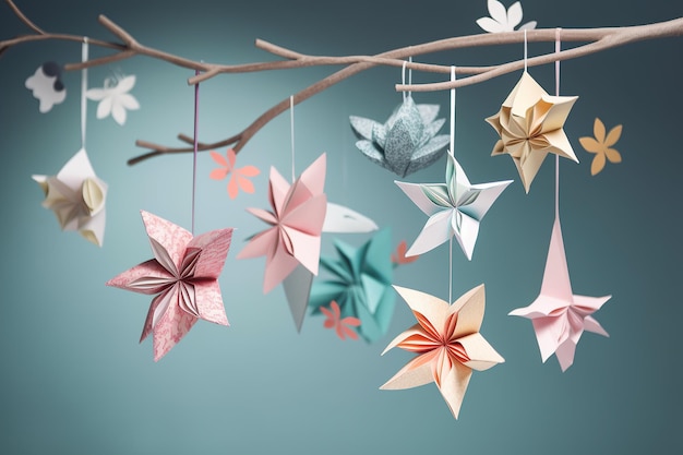 Decoraciones artesanales de ideas Copos de nieve de origami de papel colorido para el fondo de invierno Ai generativo