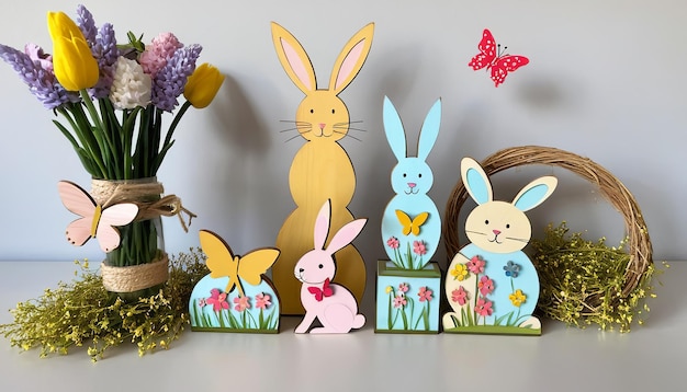 Decoraciones de bienvenida a la primavera de Pascua con flores de conejo de madera y mariposas