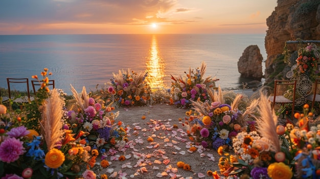 Decoraciones de bodas en la playa con coloridas flores naturales