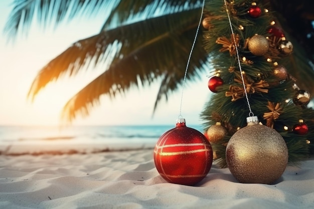 Foto decoraciones de bolas de árbol de navidad en la arena