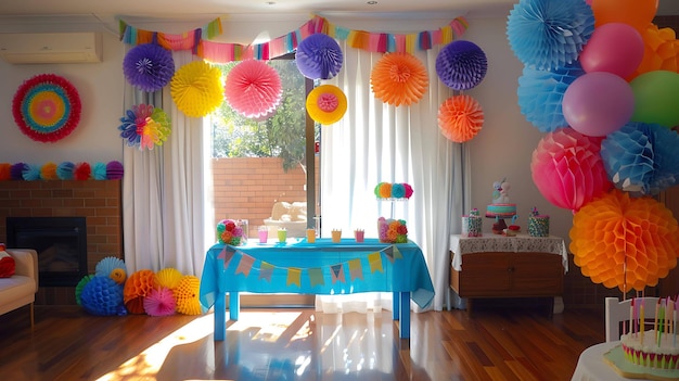 Decoraciones brillantes y coloridas para la fiesta de cumpleaños La habitación está decorada con coloridos ventiladores de papel globos y serpentinas