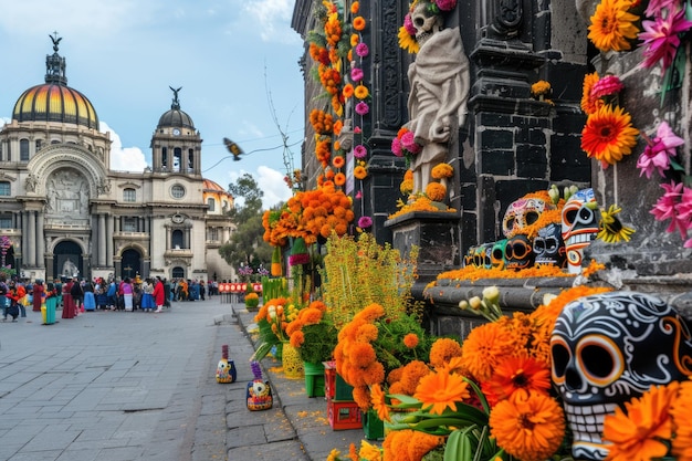 Foto decoraciones de la catedral y el zócalo para el día de los muertos en la ciudad de méxico