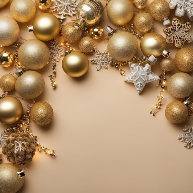 Decoraciones doradas de Navidad en un fondo beige vista superior plana concepción de Navidad dorada chr