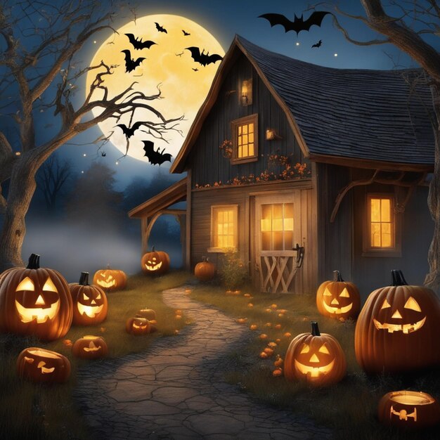 Decoraciones espeluznantes de la noche de Halloween y Jacko'Lanterns