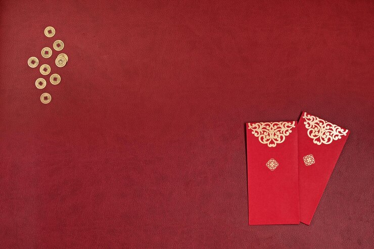 Decoraciones del festival de año nuevo chino con monedas de oro chinas con sobre rojo Copyspace