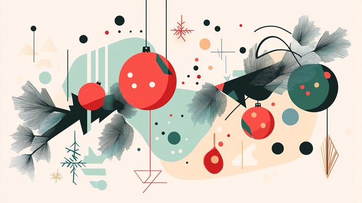Las decoraciones festivas brillantes y las formas abstractas crean una alegre atmósfera navideña