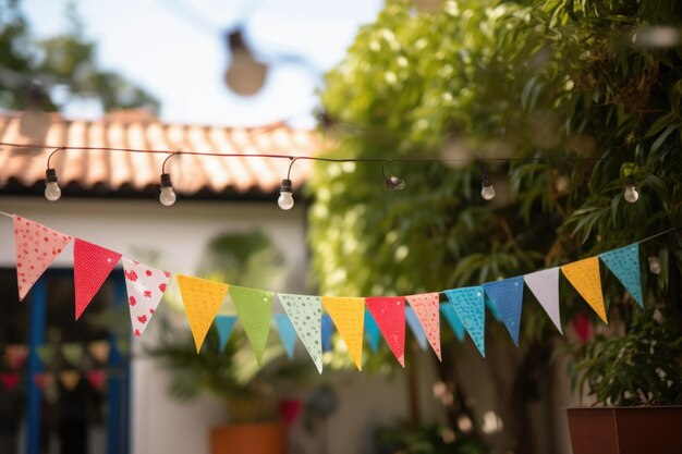 Foto decoraciones festivas para fiestas al aire libre celebrando garland hecho de banderas de colores en los árboles en el patio trasero