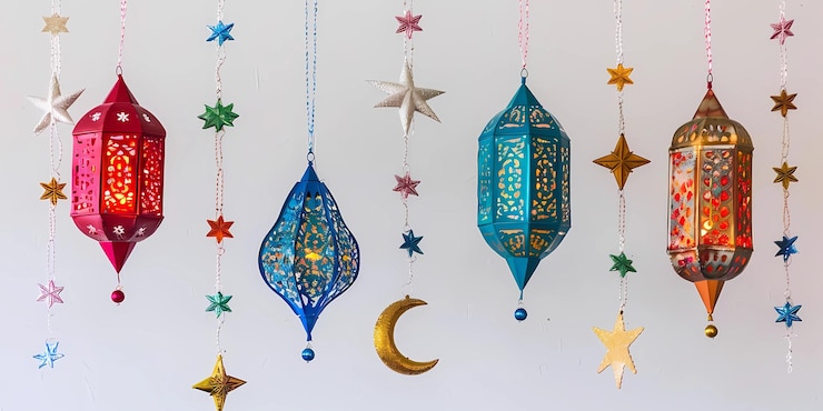 Foto decoraciones festivas del ramadán con linternas y estrellas