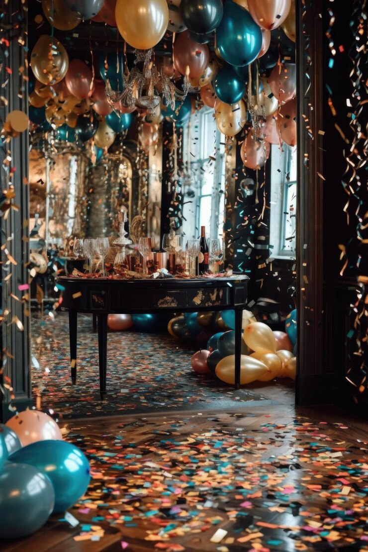 Decoraciones de fiesta de fin de año y confeti creados con ai generativo.