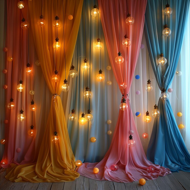 Decoraciones para fiestas de circo Decoraciones coloridas para cortinas y bombillas