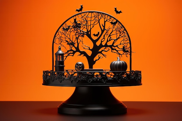 Decoraciones de Halloween casa negra y árbol con tela de araña en pozos de fondo naranja para el producto d