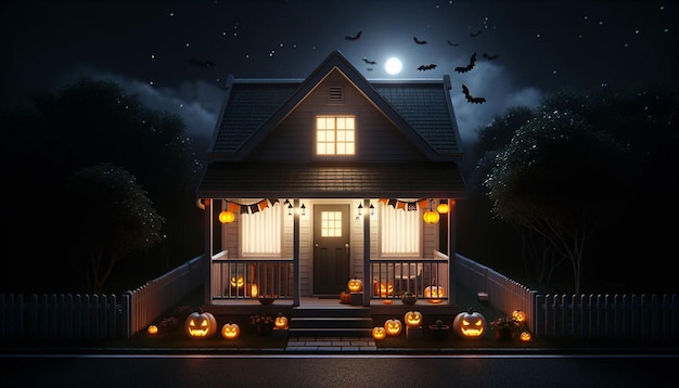 Decoraciones de Halloween en una casa por la noche