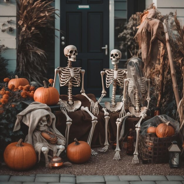Decoraciones de Halloween cerca de la casa Esqueleto y calabazas IA generativa