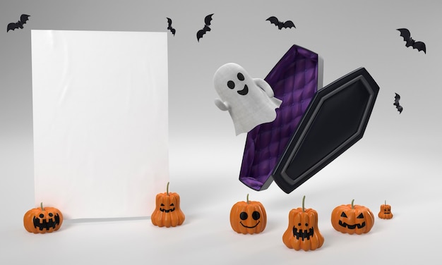 Decoraciones de Halloween con fantasma y ataúd.