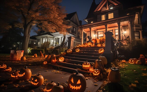 Decoraciones de Halloween fuera de una casa moderna