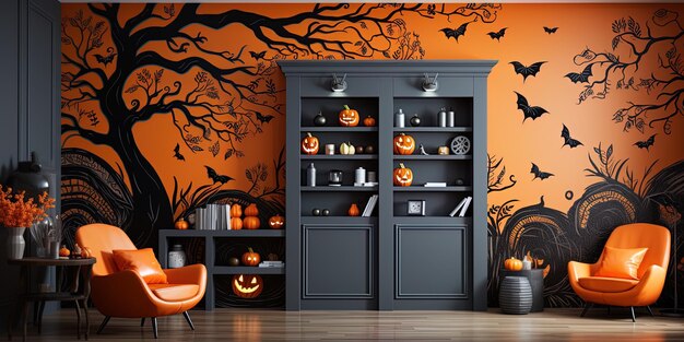 Foto decoraciones de halloween en una pared con murciélagos y murciélagas en la pared