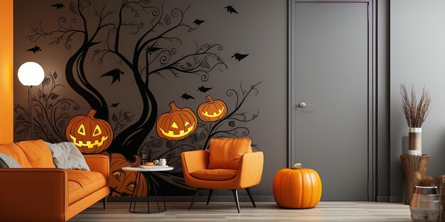 Foto decoraciones de halloween en una pared con murciélagos y una puerta