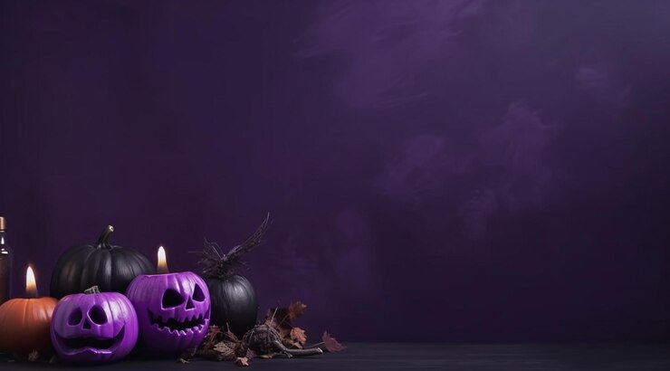 Decoraciones para Halloween en tonos púrpuras creadas con tecnología de IA generativa