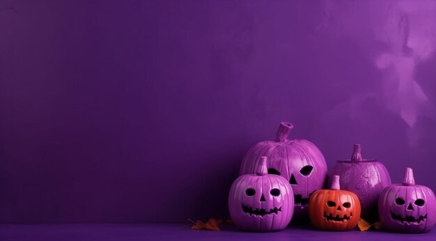 Decoraciones para Halloween en tonos púrpuras creadas con tecnología de IA generativa