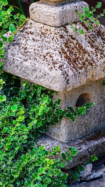 Decoraciones de jardín hechas de piedras y esculturas de piedra entre bonitos verdes