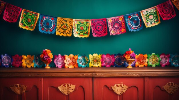 Decoraciones mexicanas de día saturado colorismo y embellecimientos intrincados