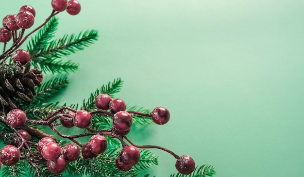 Decoraciones de Navidad con bayas rojas y ramas de abeto en un hermoso fondo de menta.