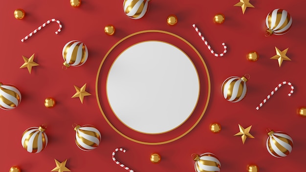 Decoraciones de Navidad y feliz año nuevo con una bola de plata dorada y una estrella dorada sobre fondo rojo. Ilustración 3d