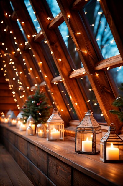 decoraciones de navidad en la ventana de la ventana del ático