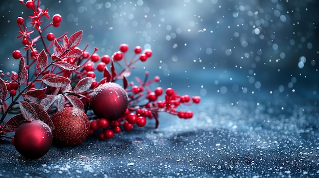 Decoraciones navideñas con adornos rojos en la nieve Fondo navideño de invierno