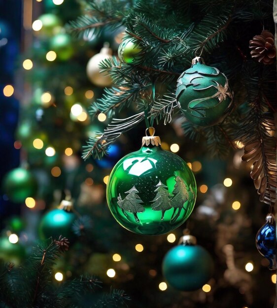 Decoraciones navideñas en el árbol de Navidad verde