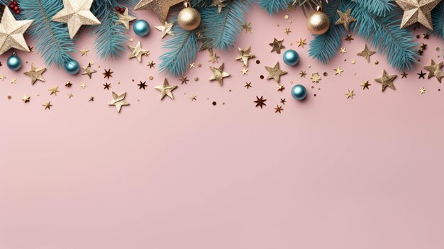 decoraciones navideñas azules y doradas en fondo rosa