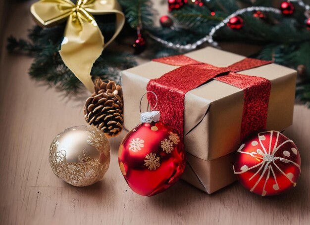 Decoraciones navideñas cajas de embalaje festivas con regalos se encuentran sobre la mesa sobre un fondo blanco