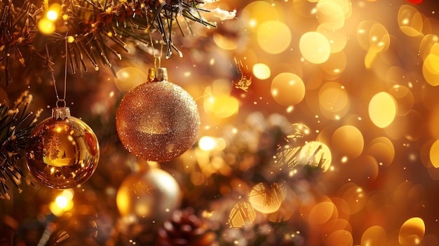 Decoraciones navideñas colocadas sobre un fondo dorado con un efecto borroso