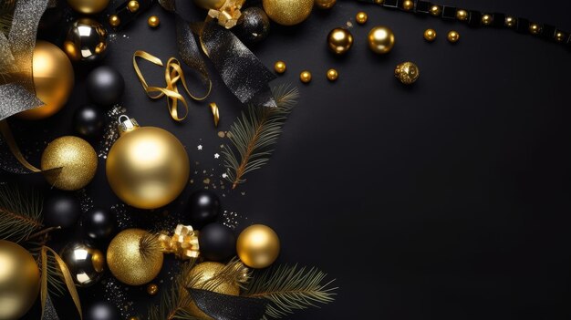 Decoraciones navideñas coloridas con fondo negro vista superior creadas con tecnología de IA generativa