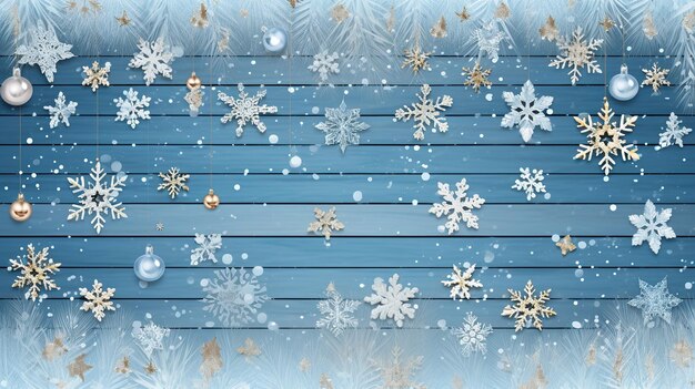 Decoraciones navideñas con copos de nieve blancos y dorados sobre tablones de madera azules rústicos