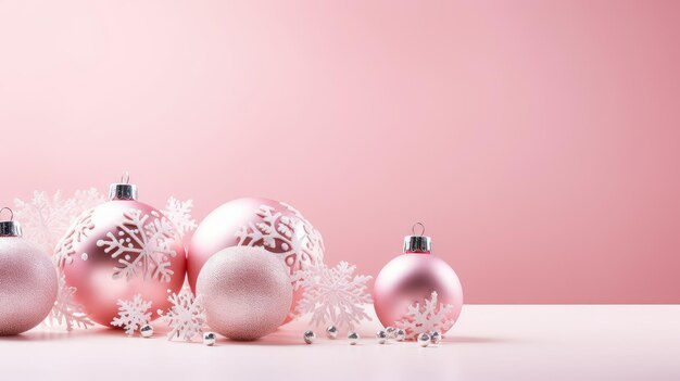 Foto decoraciones navideñas de fondo rosa con copos de nieve