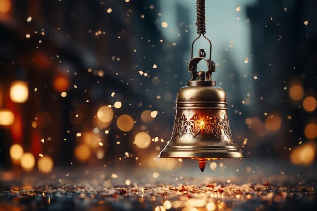 Decoraciones navideñas fotografía con efecto bokeh campana de color dorado fotografía en condiciones de poca luz