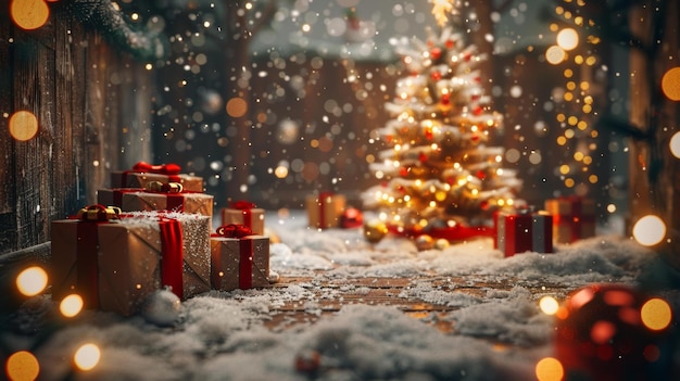 Decoraciones navideñas con regalos bajo un árbol iluminado