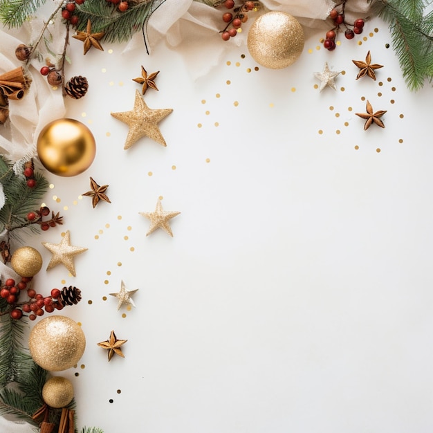 Decoraciones navideñas sobre un fondo blanco con una estrella dorada y un fondo blanco