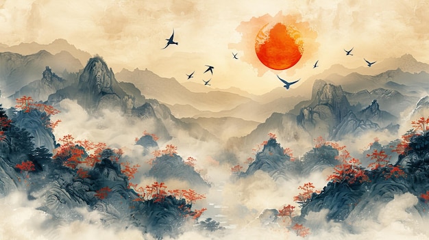 Decoraciones de nubes chinas antiguas con textura de acuarela azul Ilustración de paisaje abstracto con sol rojo y olas dibujadas a mano