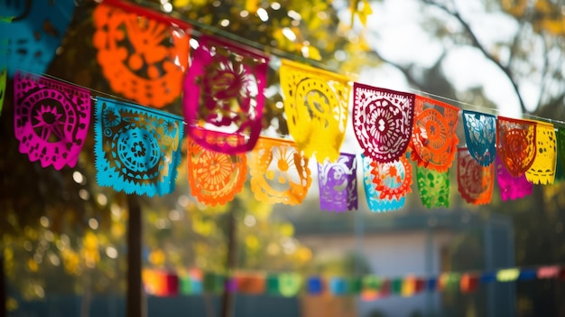 Foto decoraciones de papel picado del día de los muertos en la brisa