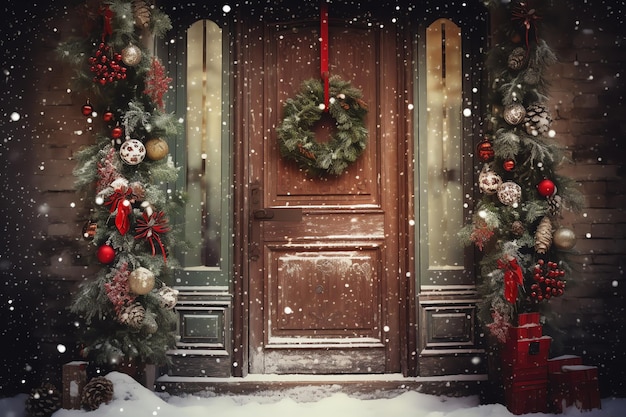 Decoraciones de puertas de Navidad acuarela fondo de invierno