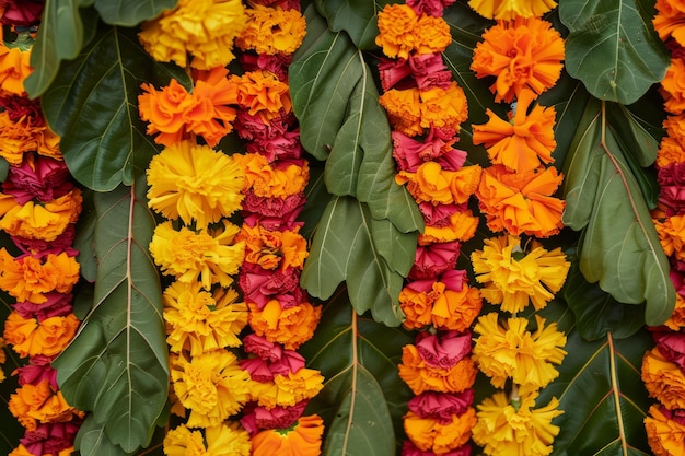 Foto decoraciones de sawan cuerdas de flores de mármol y hojas de mango festival de teej