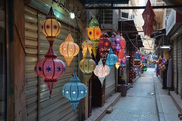 Foto decoraciones tradicionales del ramadán en el zoco