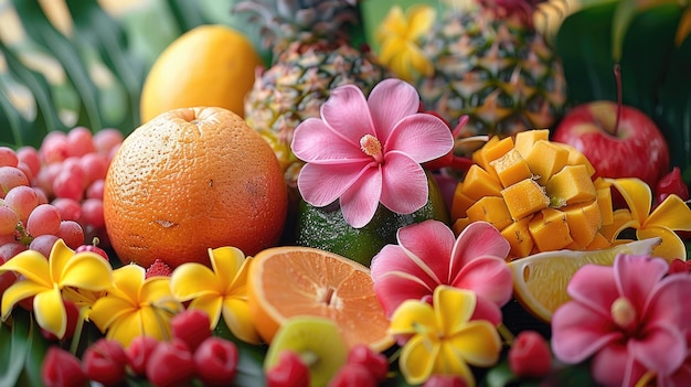 Foto decoraciones vibrantes con frutas y flores tropicales en fondo blanco 4k ultra hd
